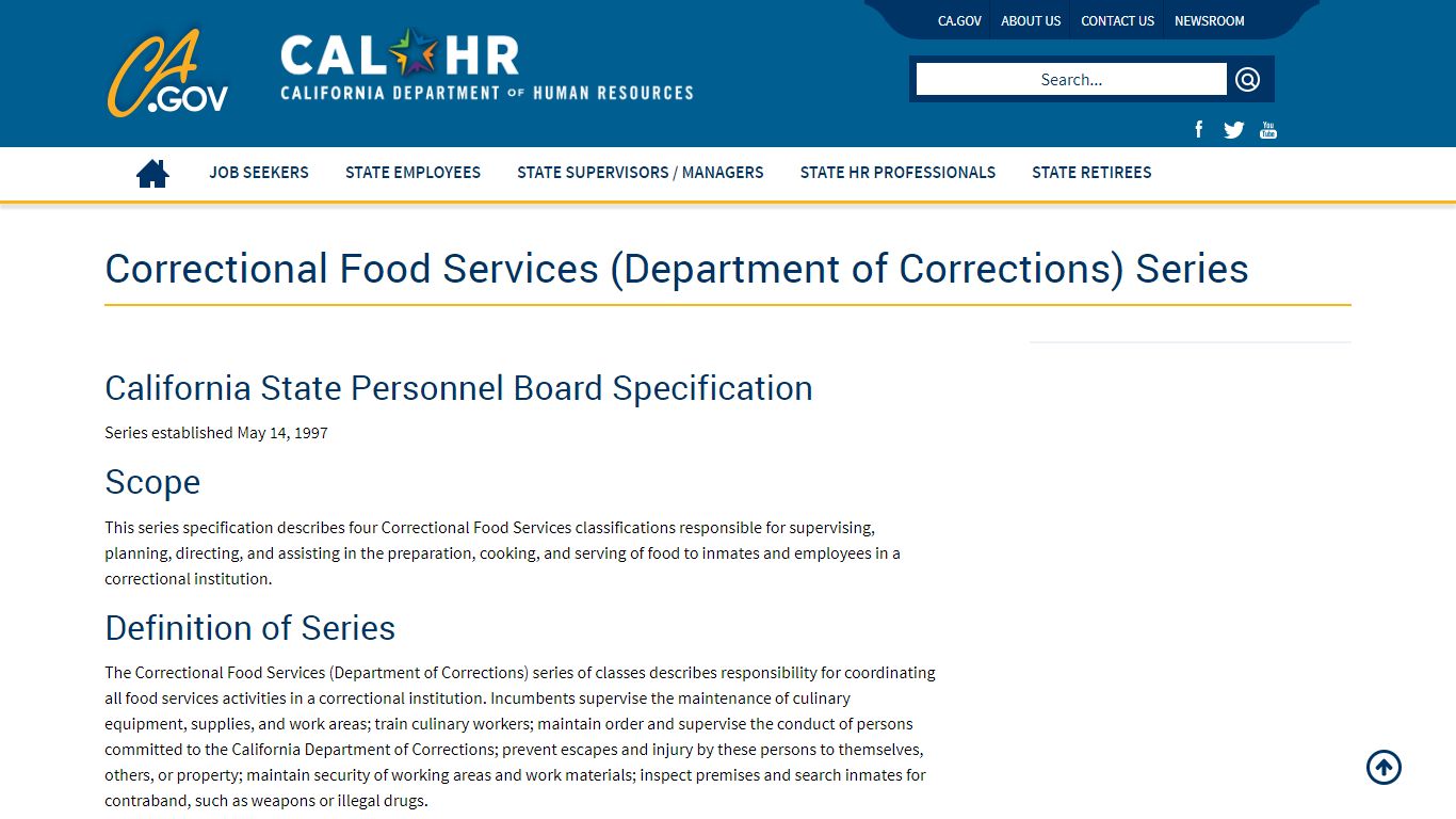 Correctional Food Services (Department of Corrections) Series - CalHR