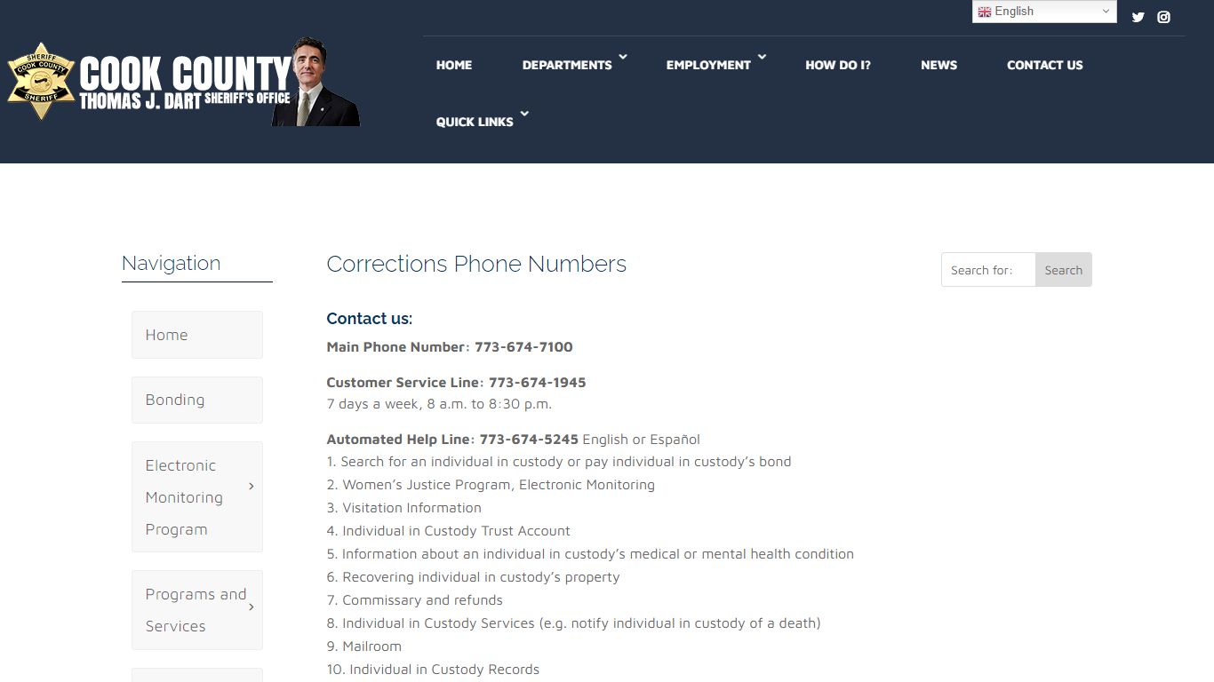 Corrections Phone Numbers - Cook County Sheriff's Office